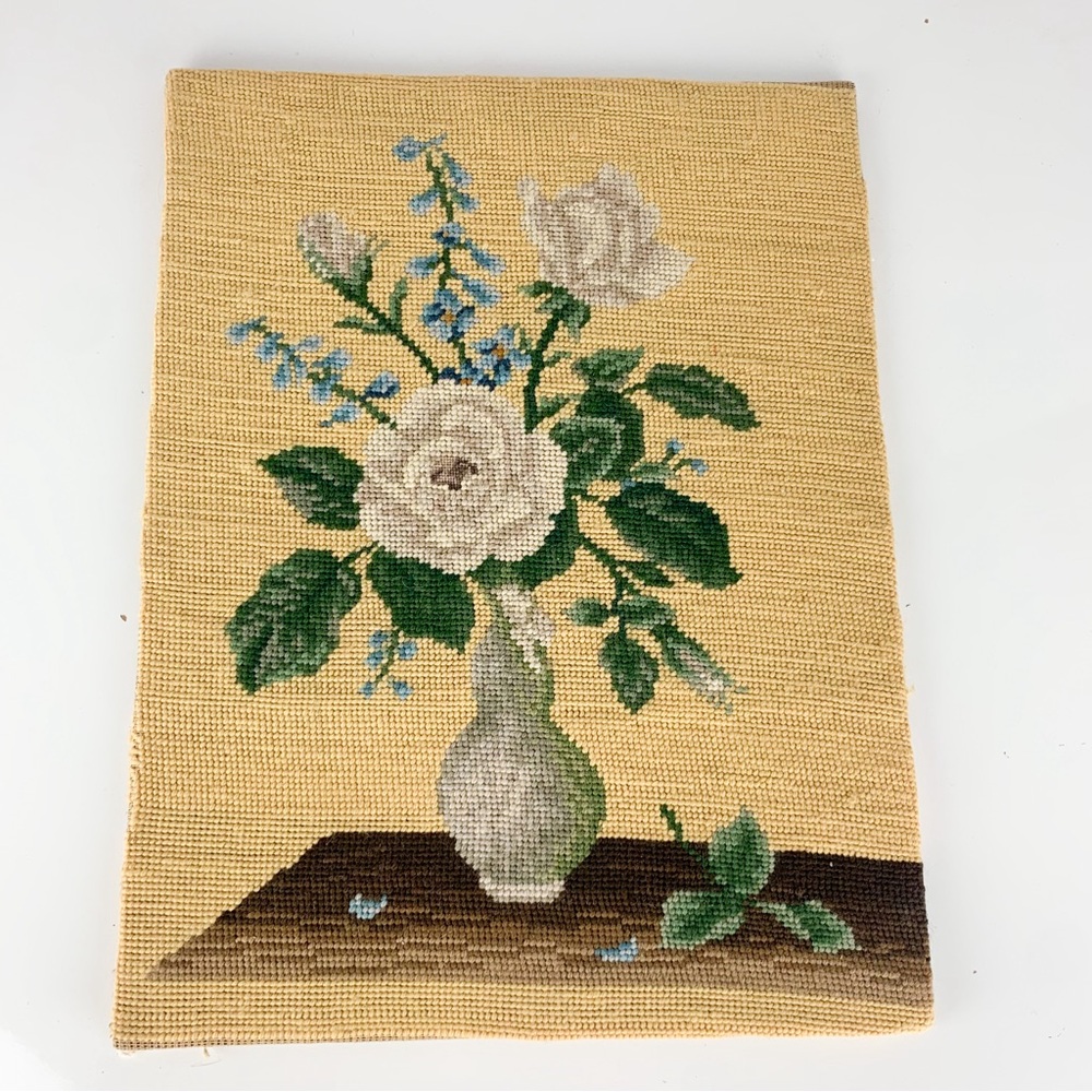 Vintage Handmade Needlepoint White Rose Bouquet Wall Hanging Cottage Core Decor